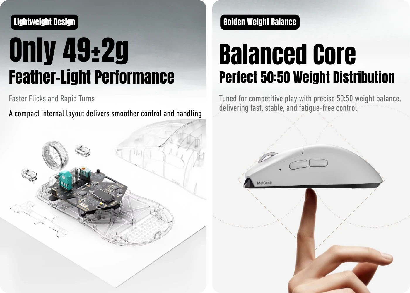 Feather-light 49-gram design and balanced core of the MelGeek HORUS gaming mouse