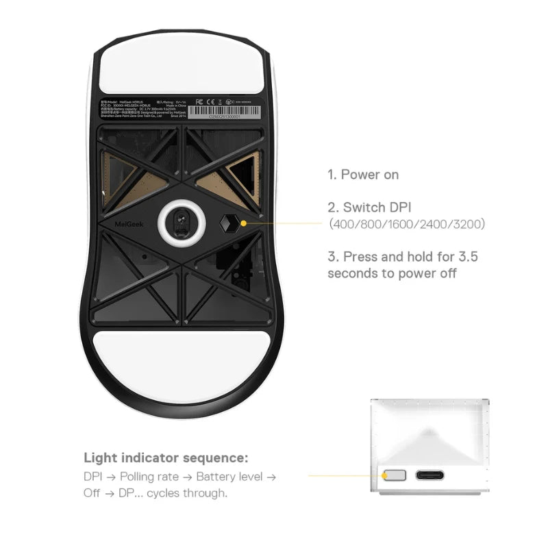 HORUS gaming mouse receiver stored inside the magnetic bottom cover