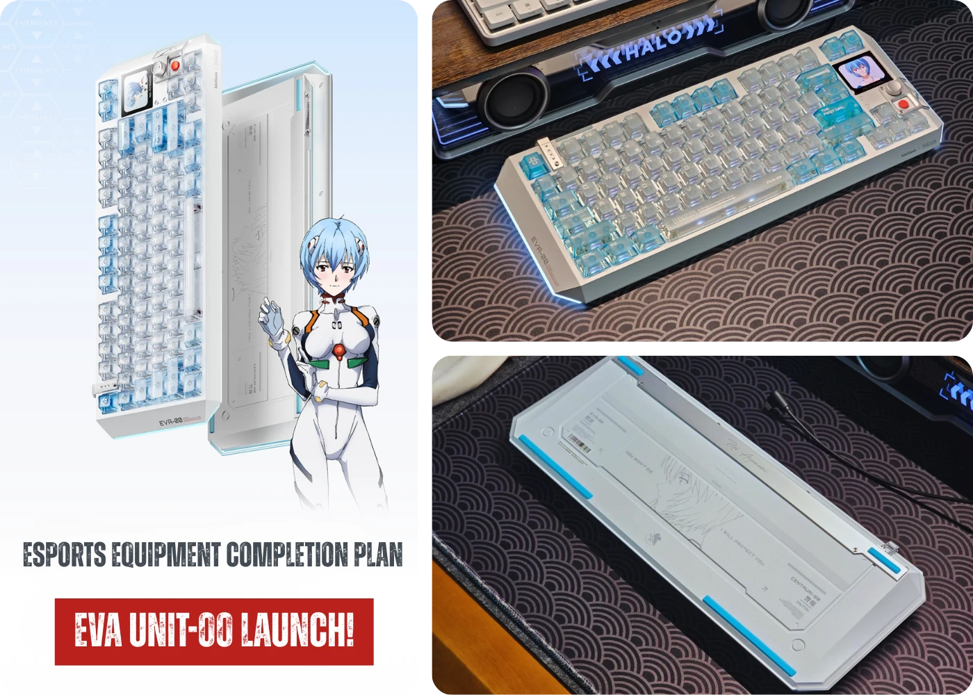 Rei Ayanami CENTAURI80 keyboard design with translucent keycaps and aluminum chassis