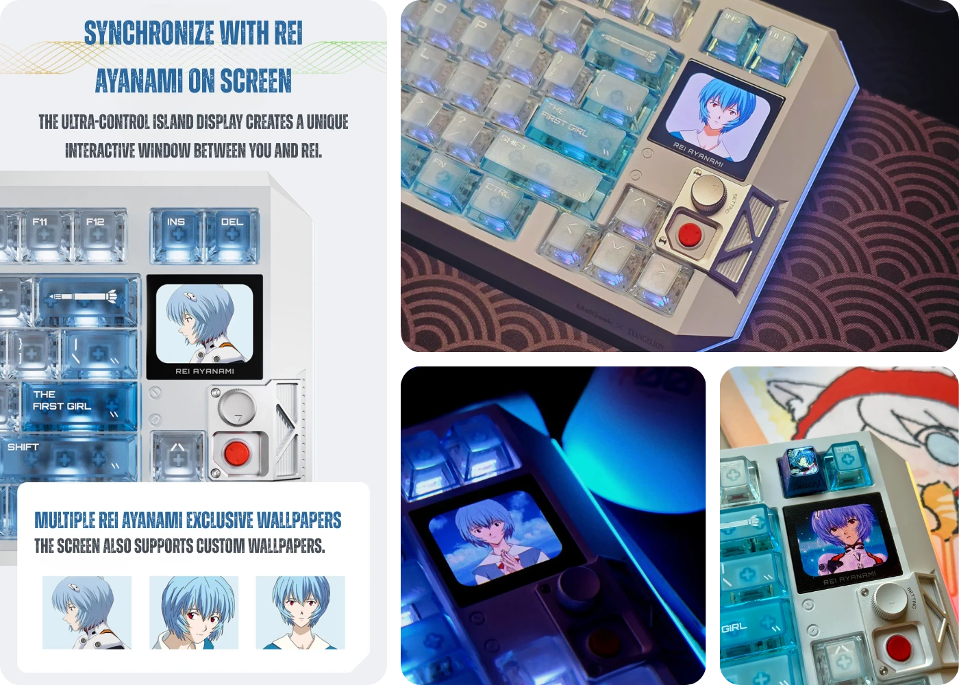 Rei Ayanami CENTAURI80 keyboard with themed display and translucent keycaps