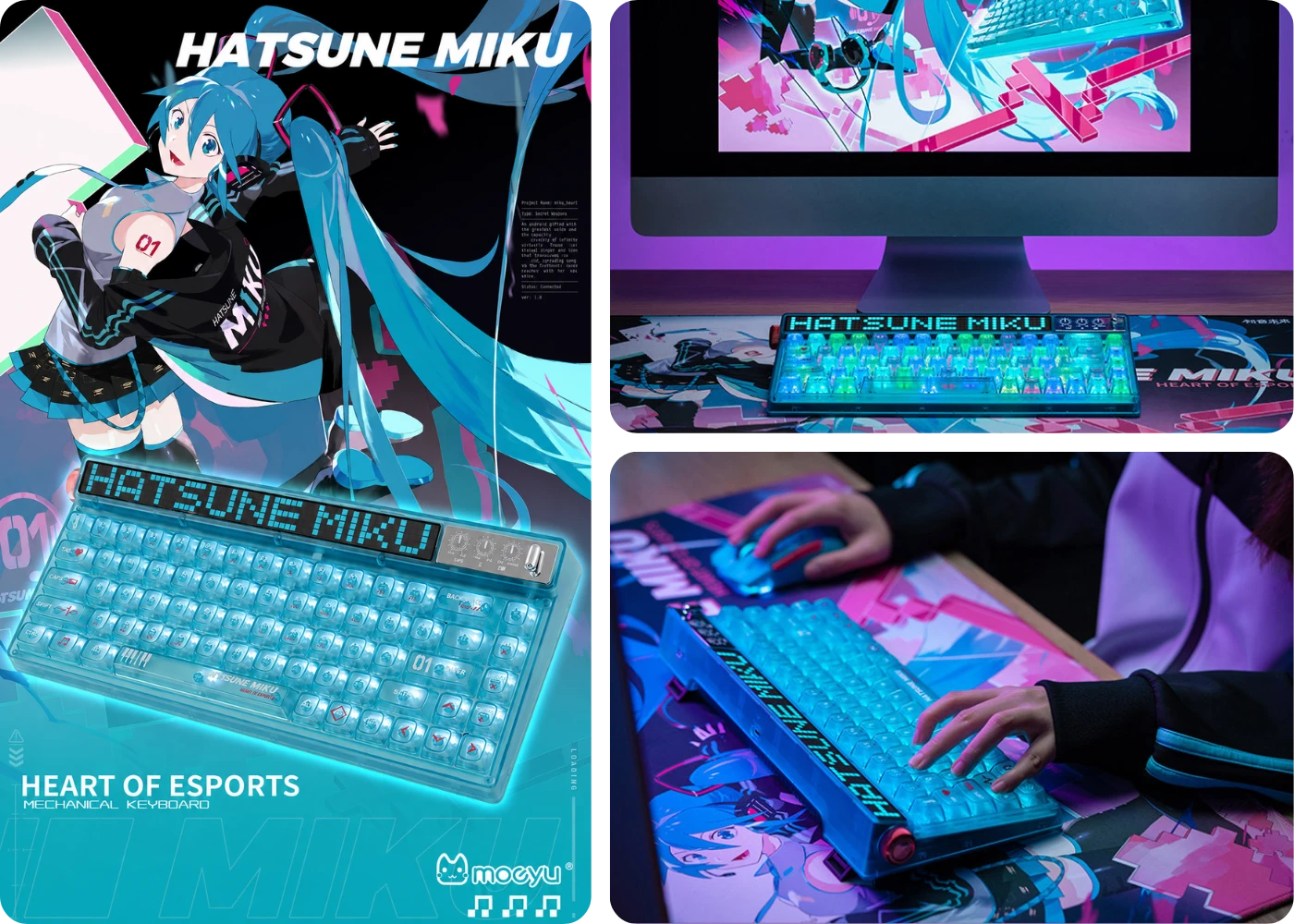 Hatsune Miku mechanical keyboard completing a coordinated gaming desk setup