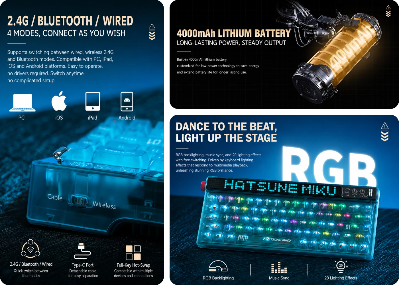 Wireless Hatsune Miku keyboard with 4000mAh battery and RGB lighting