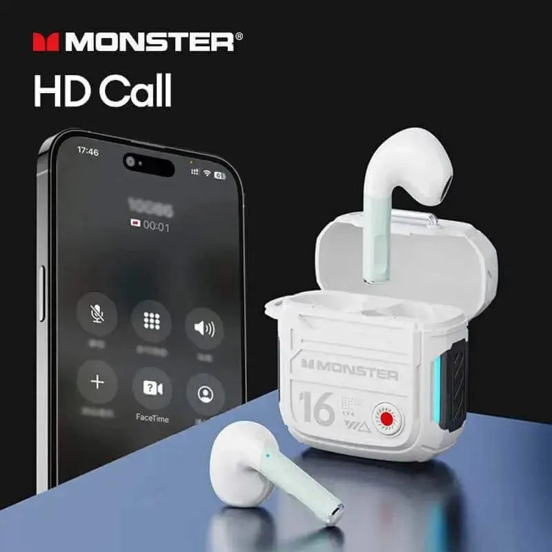 Fones gamer sem fio com estojo de carregamento branco e smartphone, destacando chamadas em alta definição