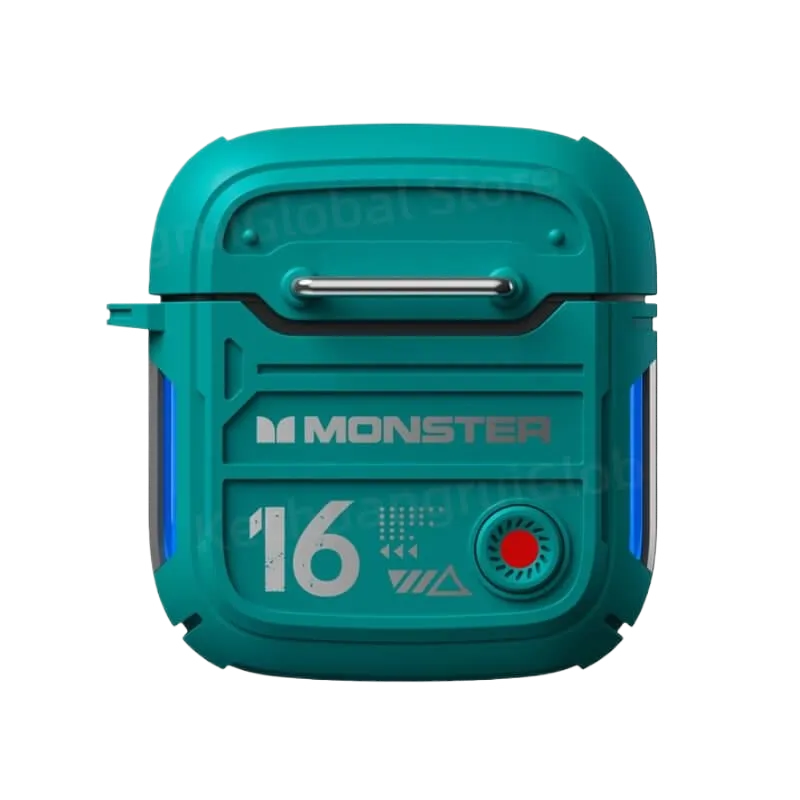 Estojo robusto verde-azulado para fones sem fio, com detalhes metálicos e logotipo MONSTER
