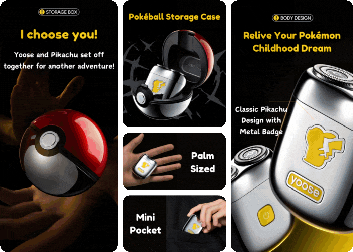 Yoose Pikachu MINI electric shaver with palm-sized body, waterproof blades and collectible case