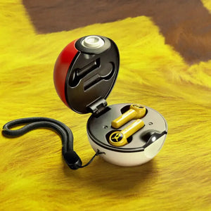 Pikachu Poké Ball charging case shown open with earbuds