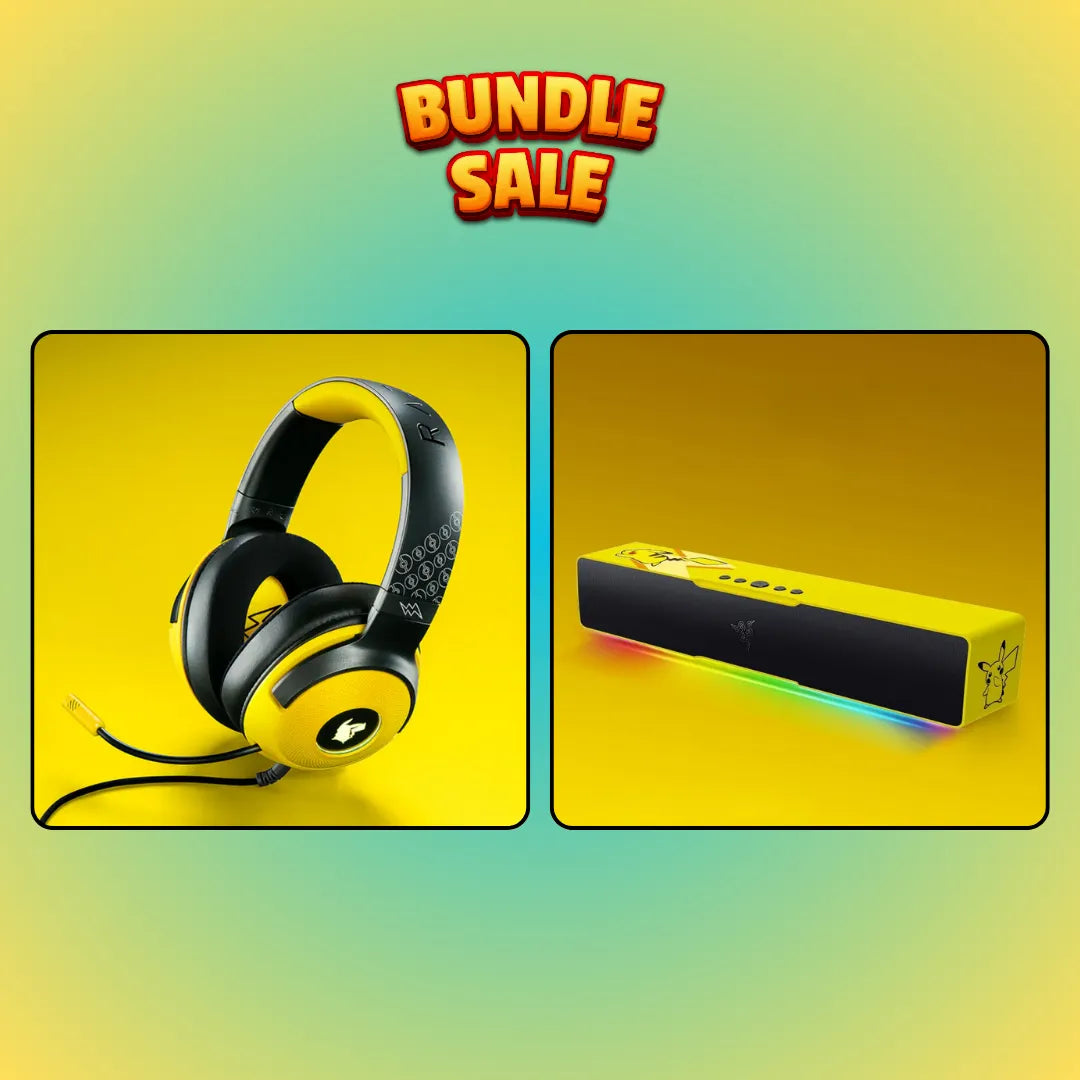 Pikachu audio bundle with yellow gaming headset and RGB soundbar