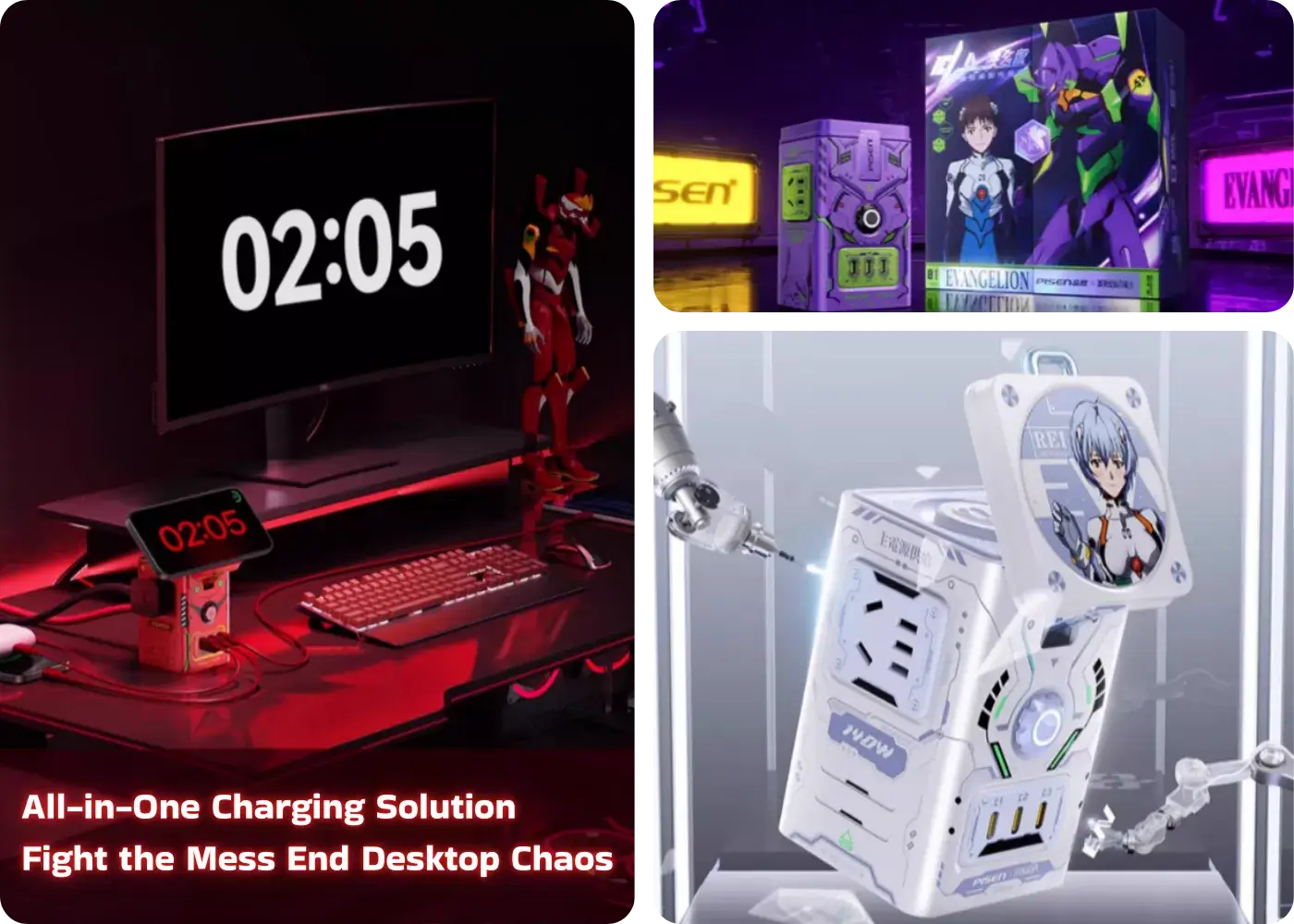 PISEN Evangelion 140W charging station powering a complete desktop setup