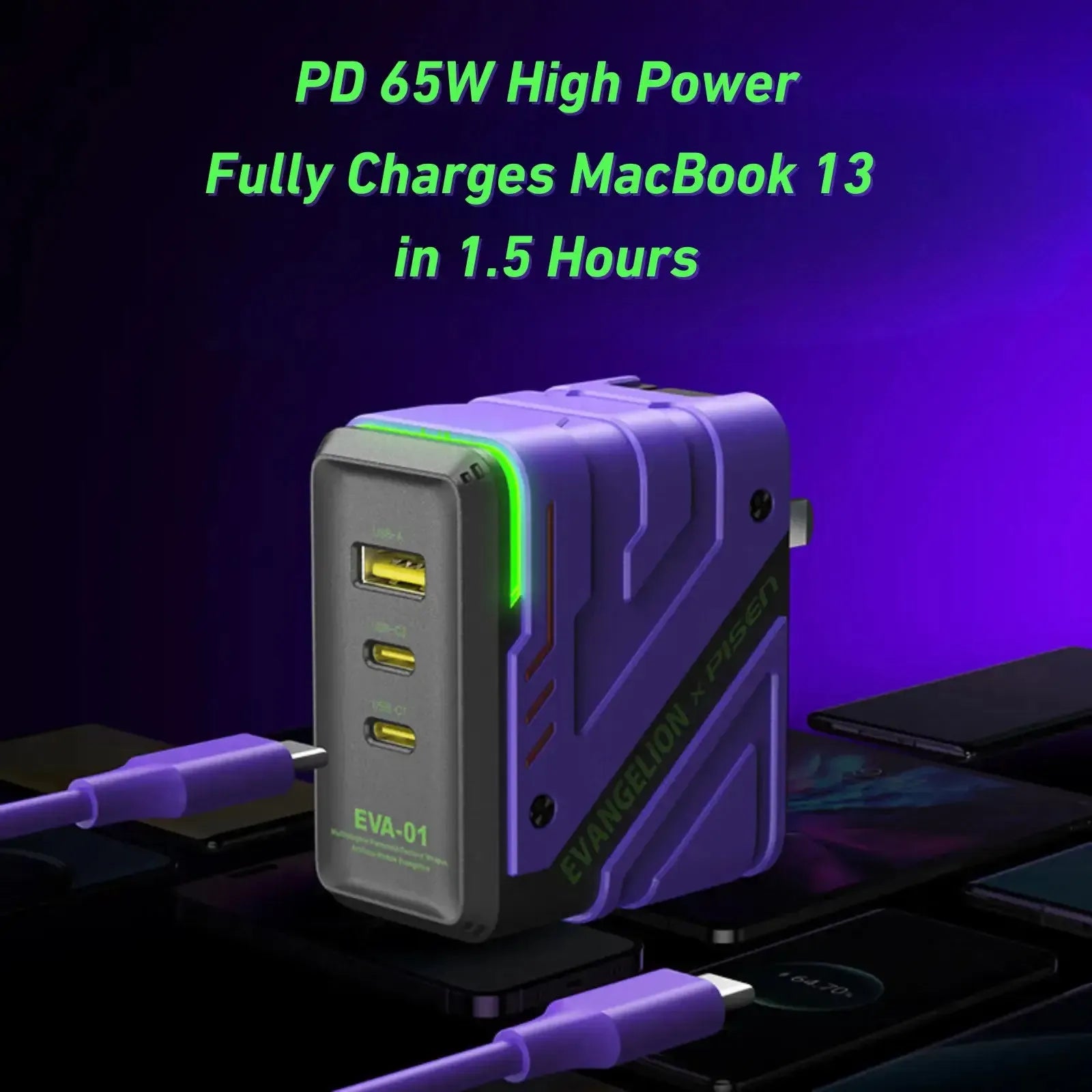 EVA-01 PISEN 65W charger fast charging a MacBook