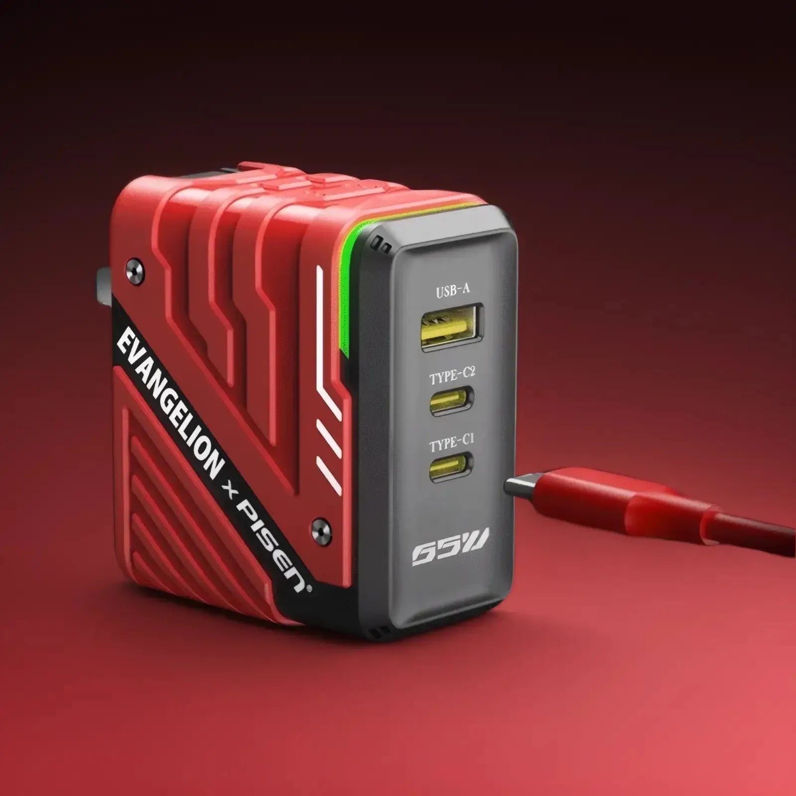 Red EVA-02 PISEN 65W three-port GaN charger