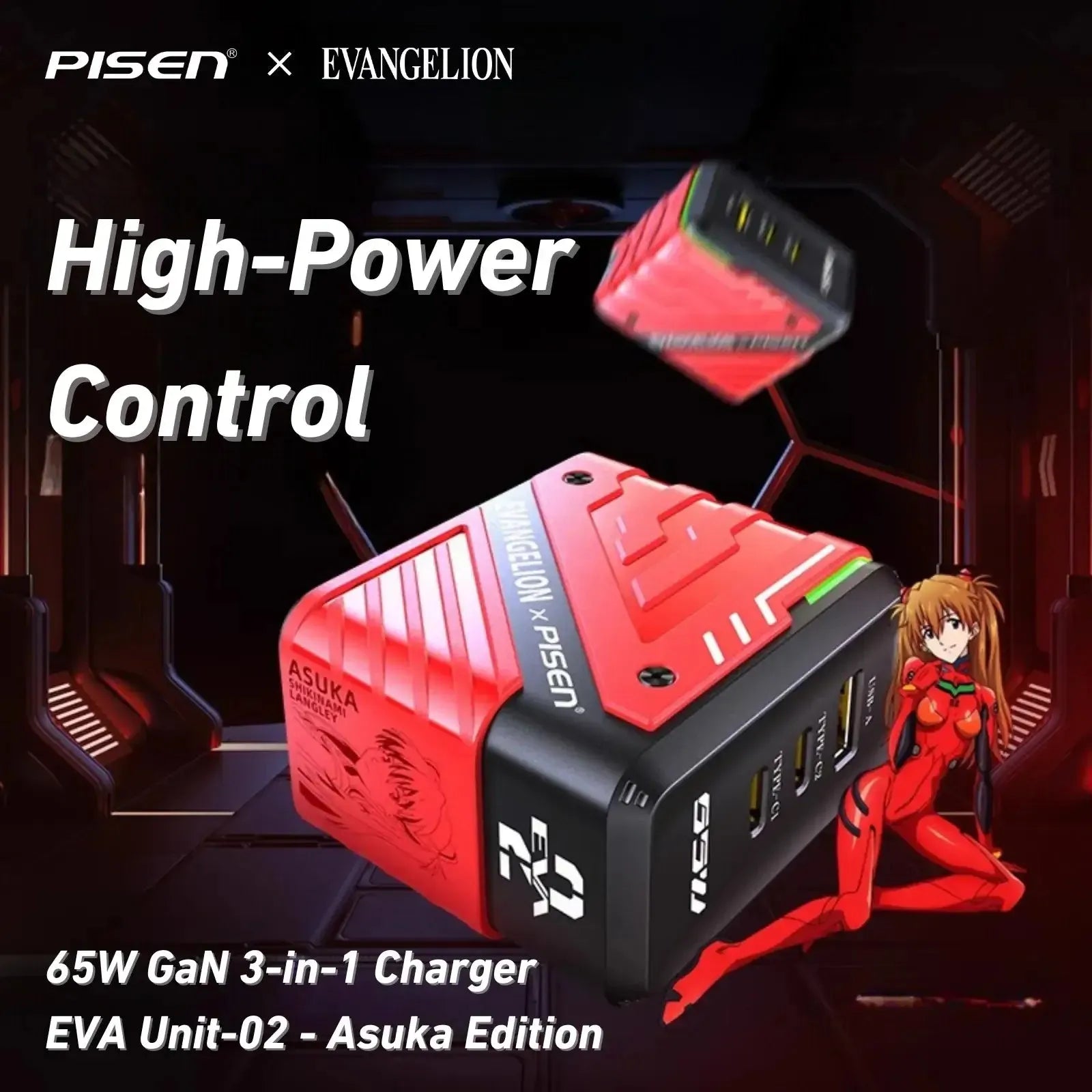 Red EVA-02 PISEN 65W GaN fast charger with Asuka design