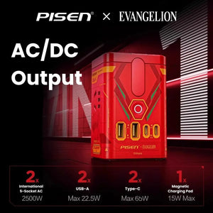 Red EVA-02 PISEN desktop charger with AC and DC outputs