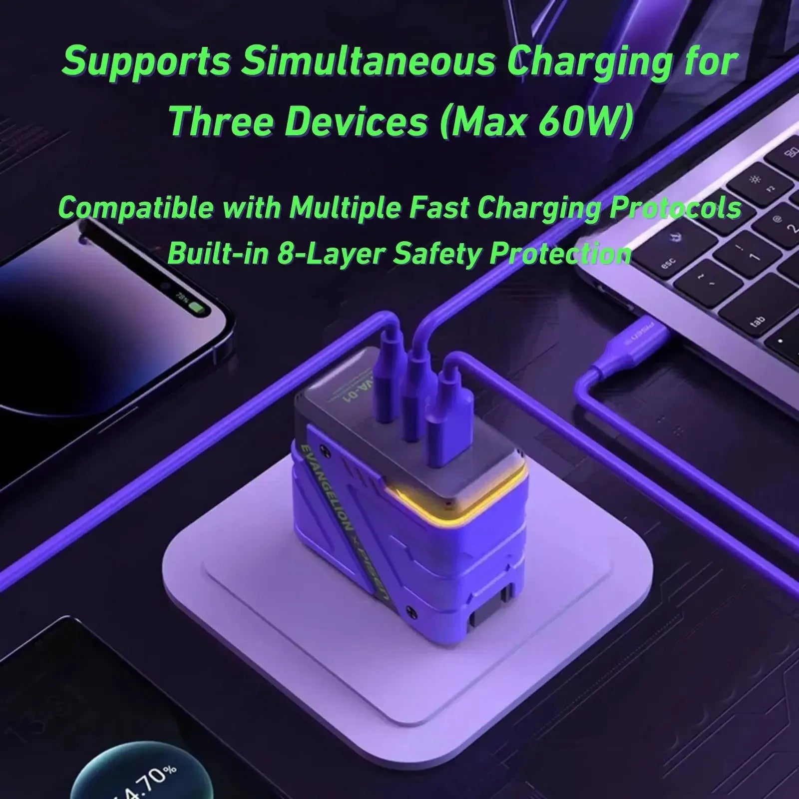 PISEN Evangelion charger powering three devices simultaneously