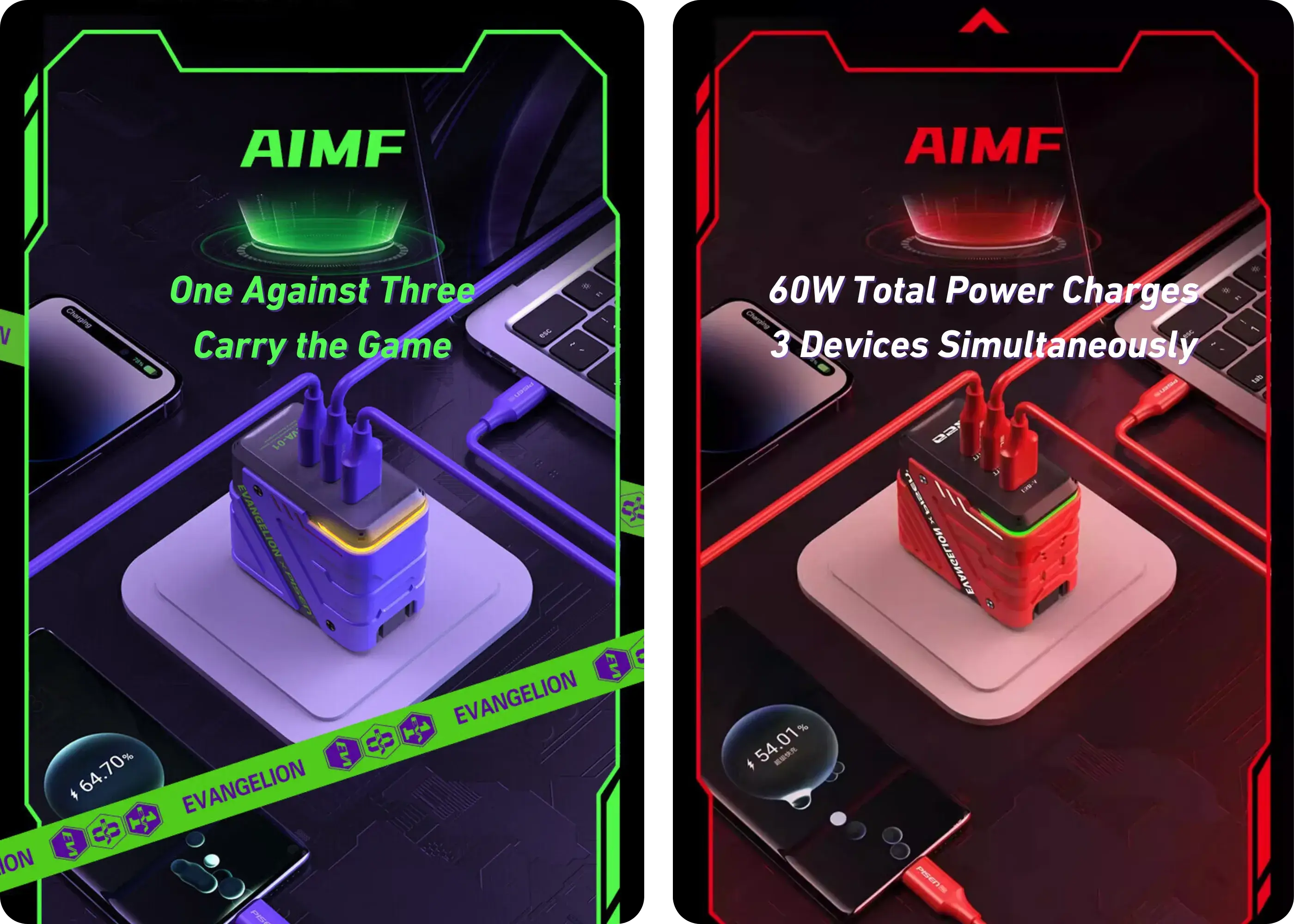 PISEN Evangelion charger powering three devices through dual USB-C and USB-A