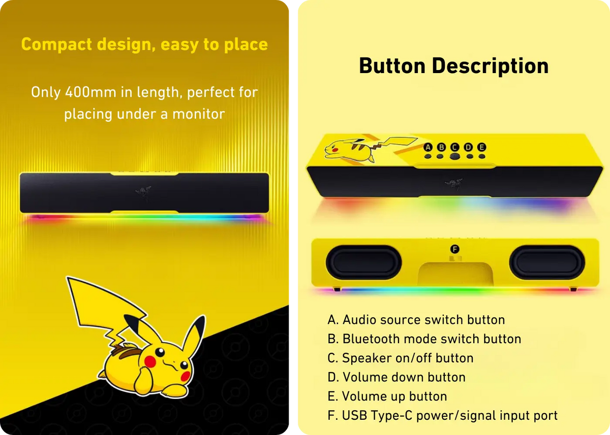 Razer x Pokémon Pikachu Leviathan V2 X Gaming Soundbar - Compact and Sleek Build