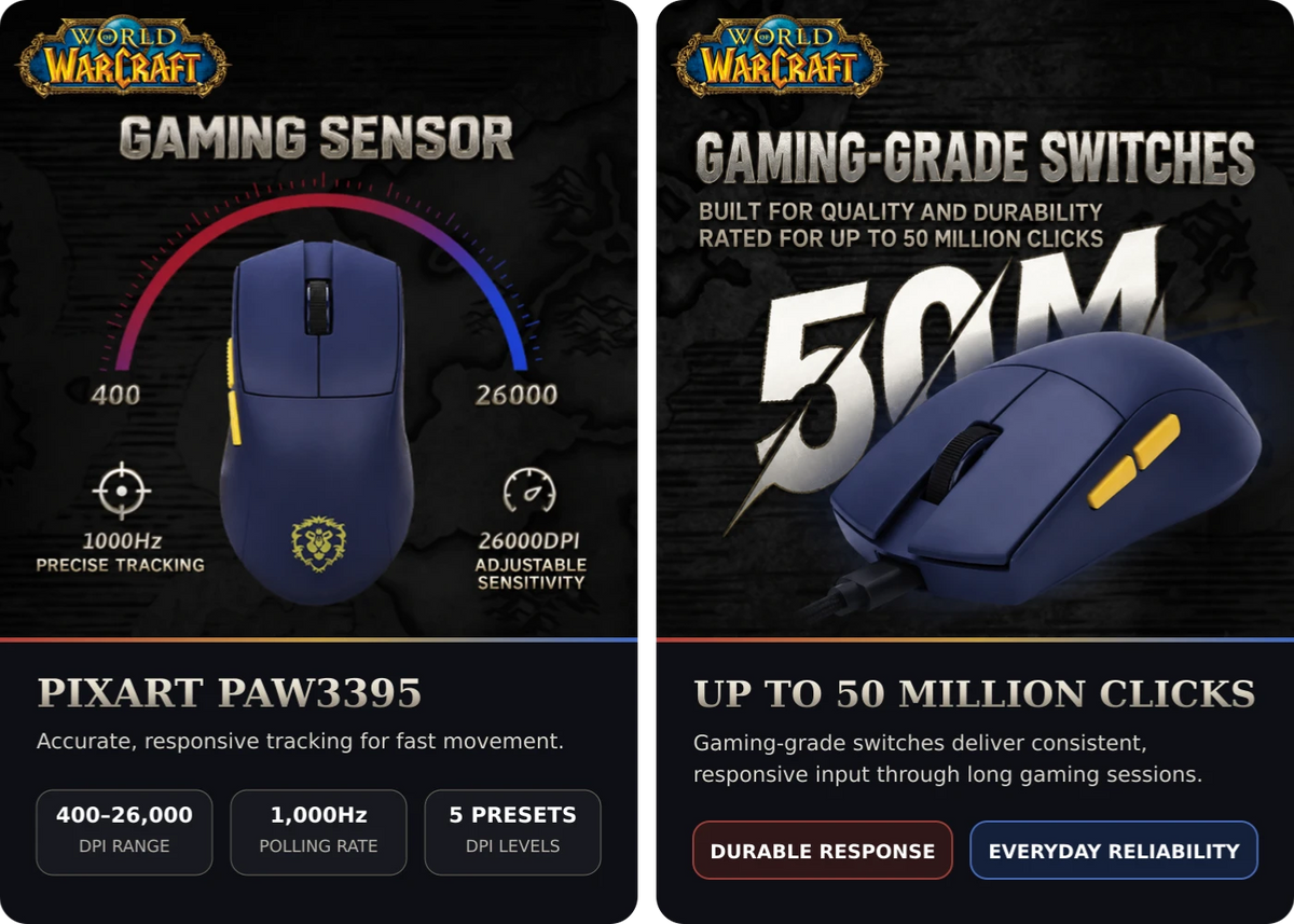 World of Warcraft YGK01 49g Tri-Mode Wireless Gaming Mouse – imagen de características del producto