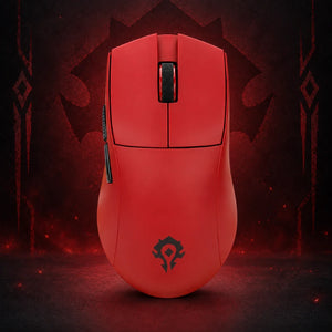 Front view of the red Horde World of Warcraft YGK01 mouse with the Horde emblem on a red faction background.