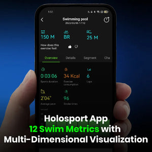 Holosport app showing twelve swimming metrics from Solla Wave goggles