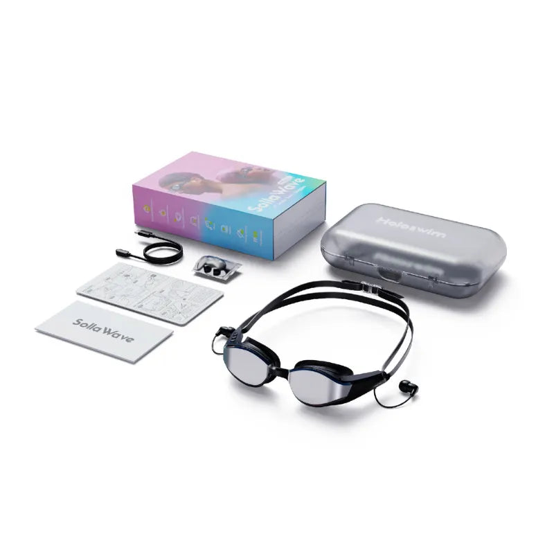 Solla Wave swim goggles with charging case and package contents
