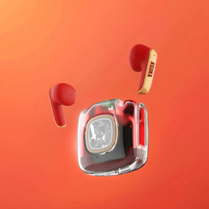 Red and gold Asuka earbuds with transparent charging case