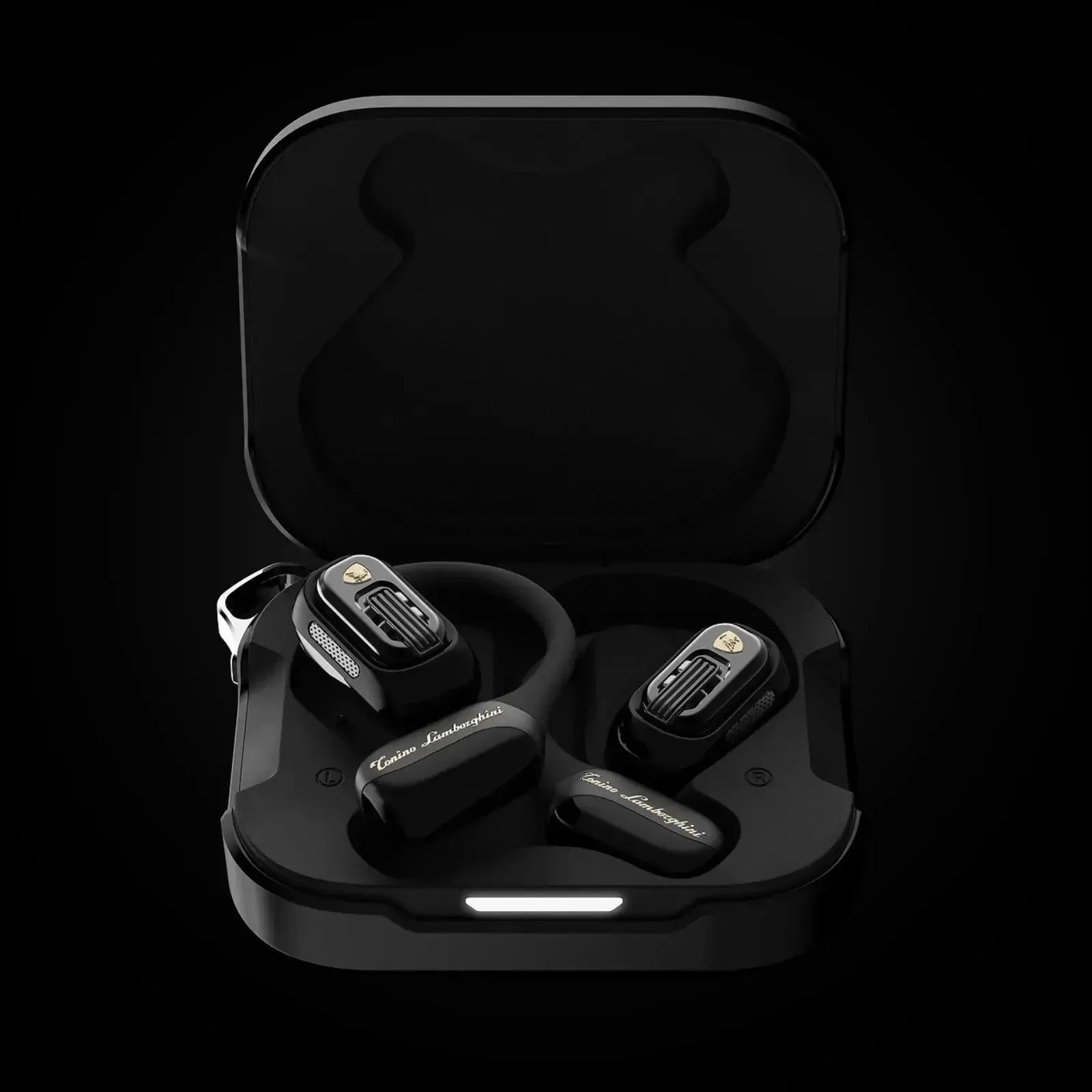 Lamborghini TL65 black open-ear earphones inside the charging case