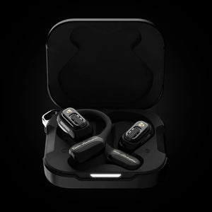Lamborghini TL65 black open-ear earphones inside the charging case