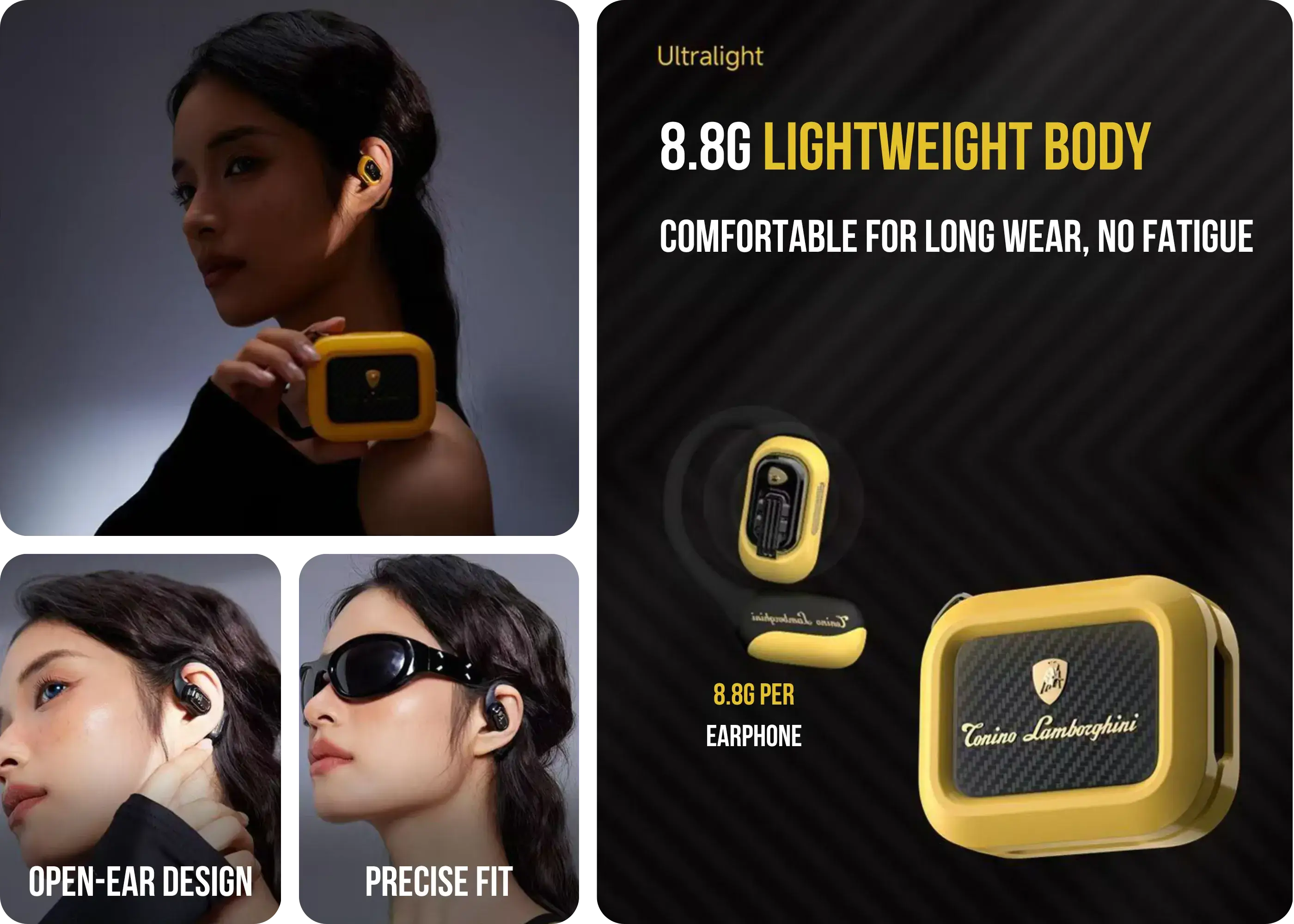Lamborghini TL65 lightweight open-ear earphones with flexible silicone ear hooks