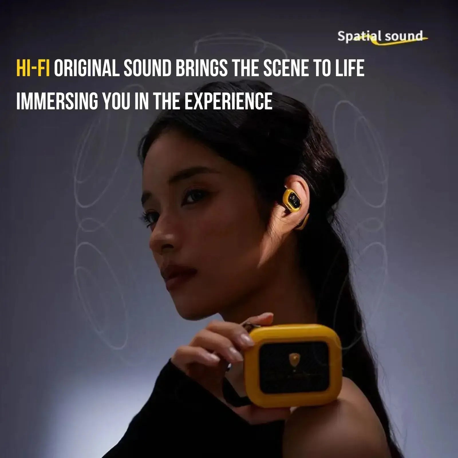 Lamborghini TL65 yellow open-ear earphones worn comfortably