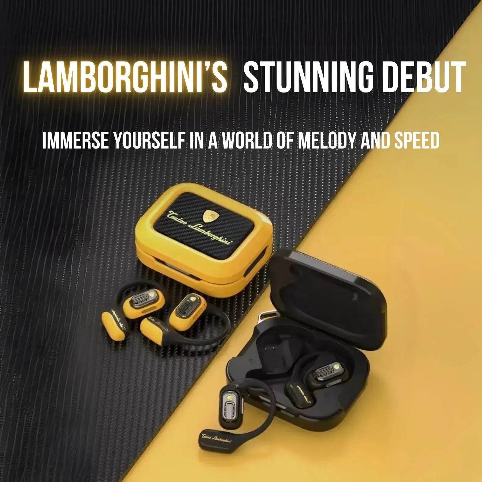 Lamborghini TL65 open-ear earphones in yellow and black color options