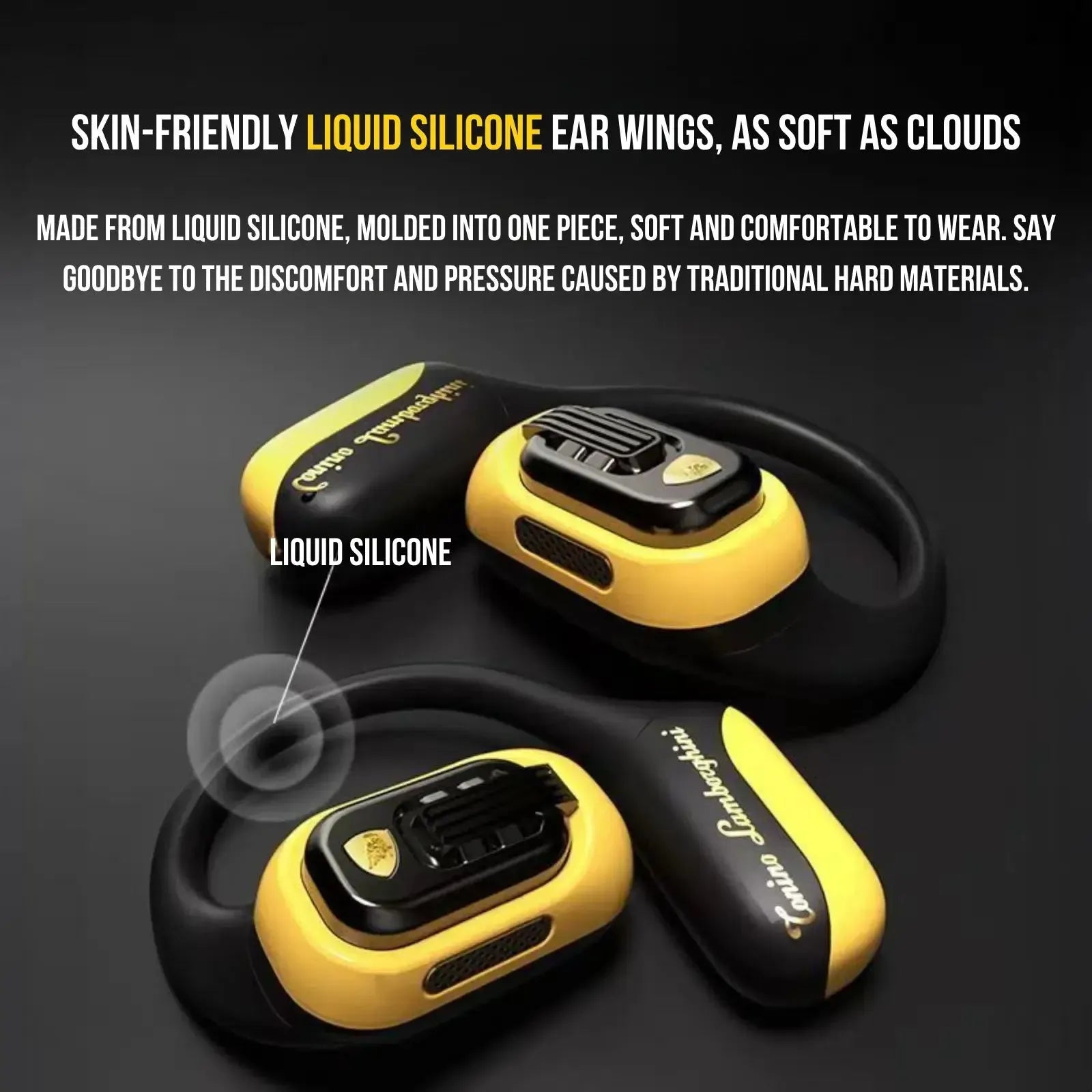Lamborghini TL65 yellow earphones with skin-friendly liquid silicone ear hooks