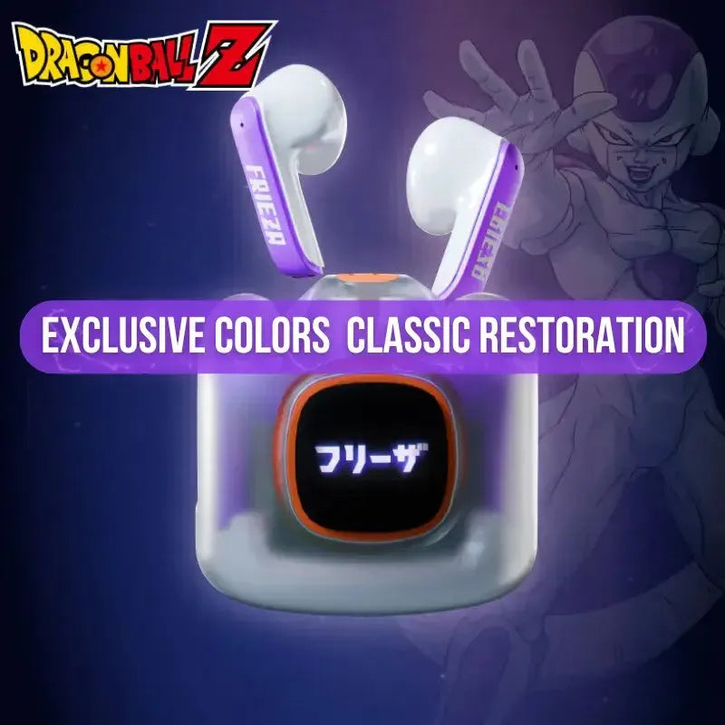 Dragon Ball Z T01 earbuds in classic Goku orange and Frieza purple colors