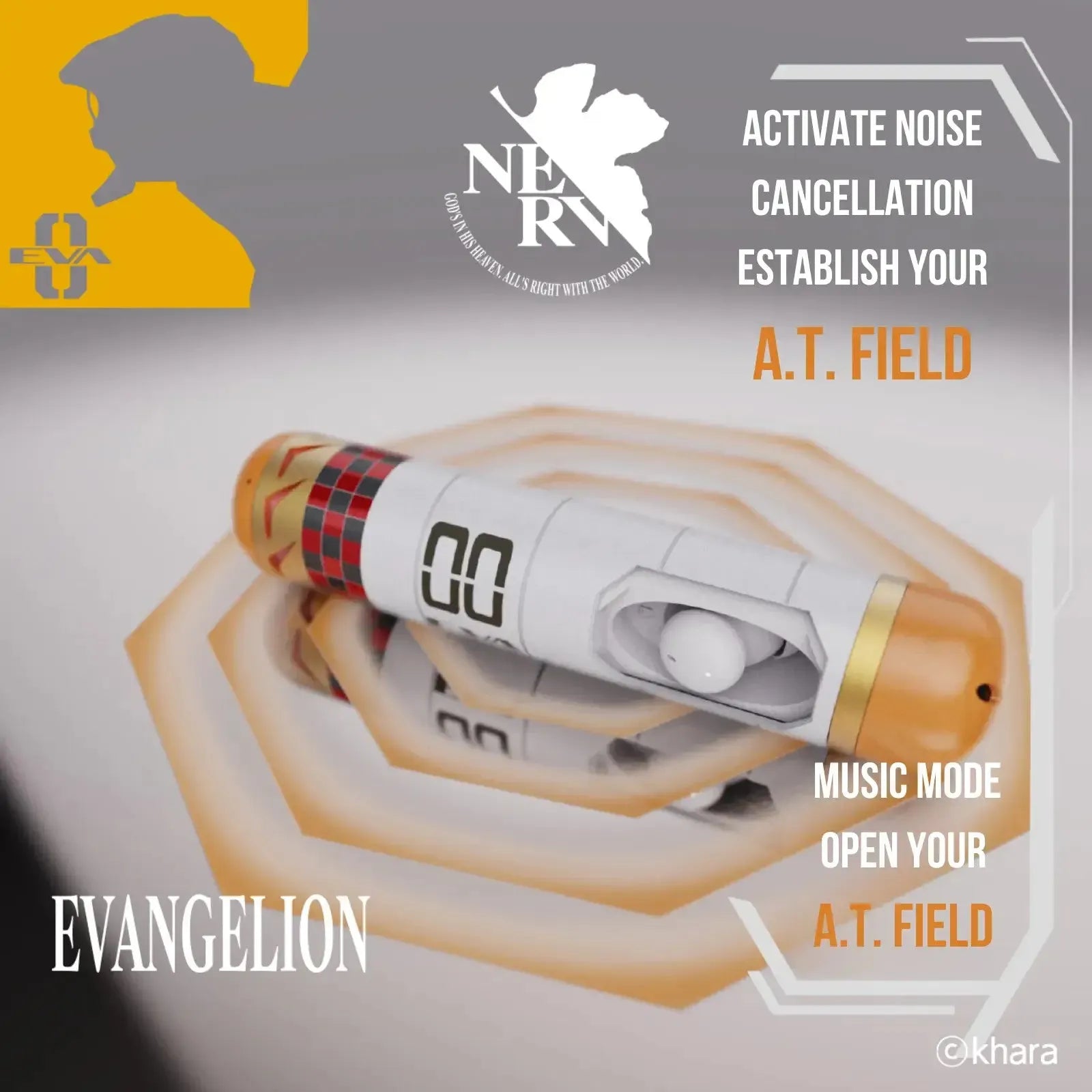EVA-00 earbuds activating active noise cancellation A.T. Field mode
