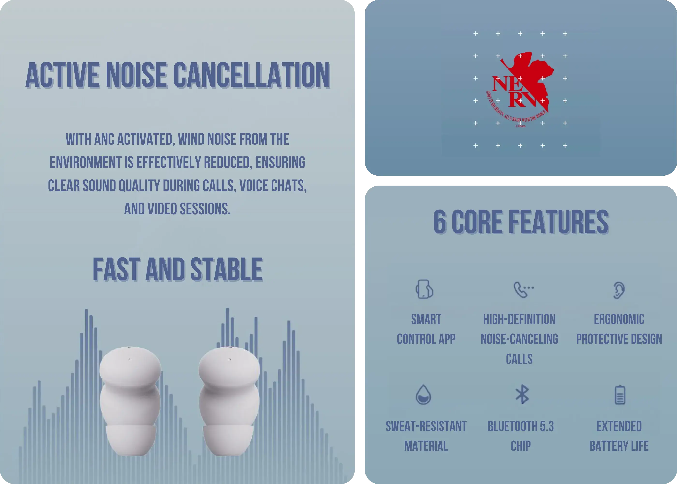 Ergonomic EVA-00 earbuds designed for comfortable all-day wear