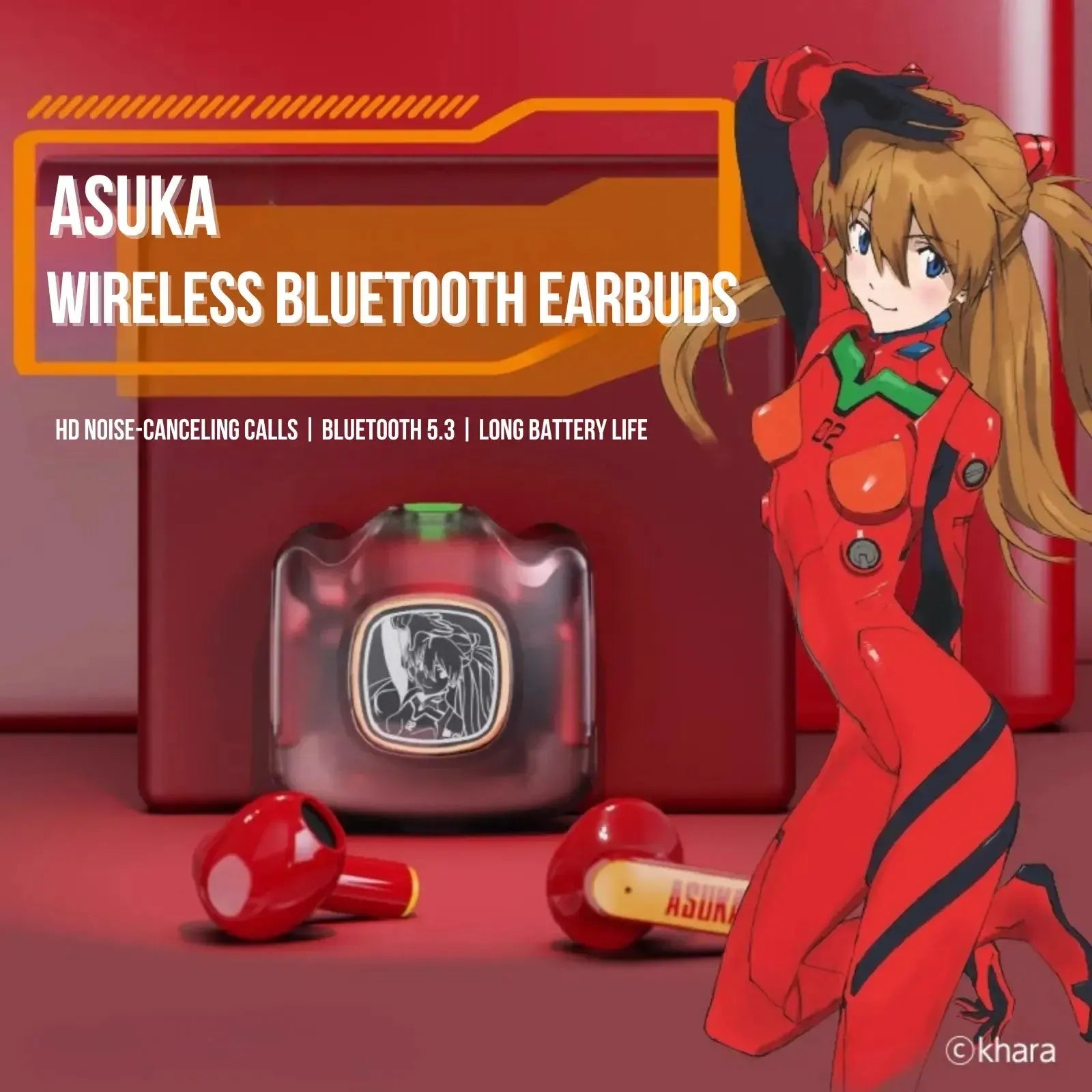 Red STUMPE Asuka wireless Bluetooth earbuds with charging case