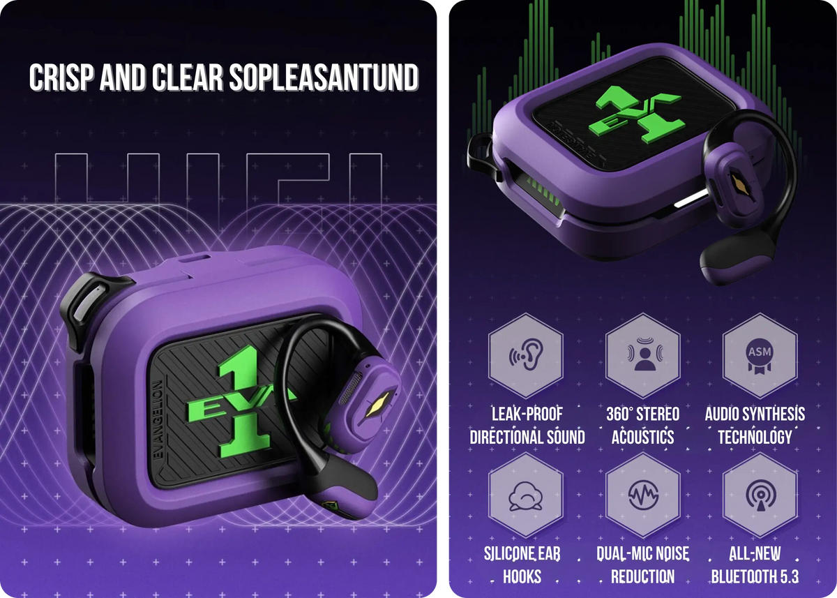 STUMPE x Evangelion EVA-01 Earhook Sports Earphones - Hear Every Detail with 360° Sound and Noise Reduction