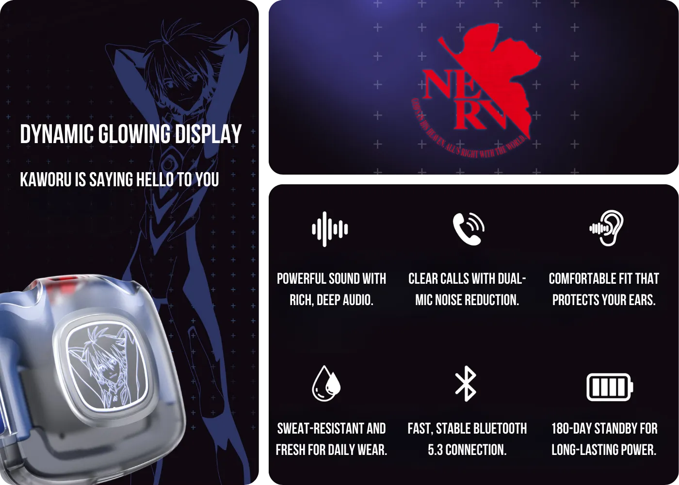 Dynamic glowing display and touch controls on the Kaworu Mark.06 earbuds case
