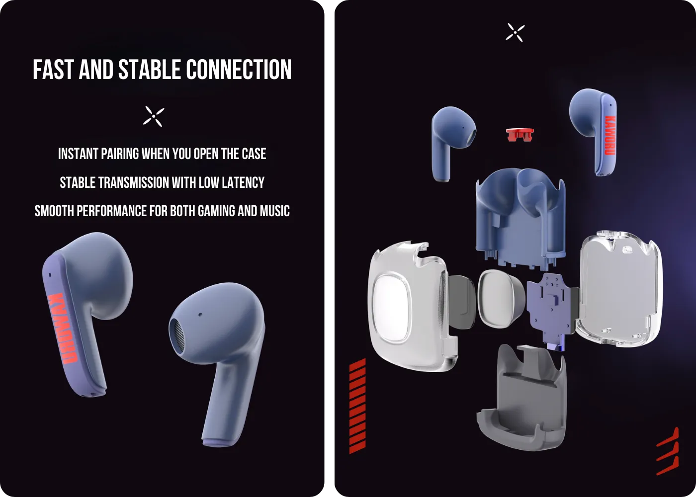 Fast stable wireless connection and dual-ear controls on the Kaworu Mark.06 earbuds