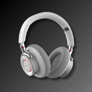 STUMPE x Evangelion white headphones with red NERV accents