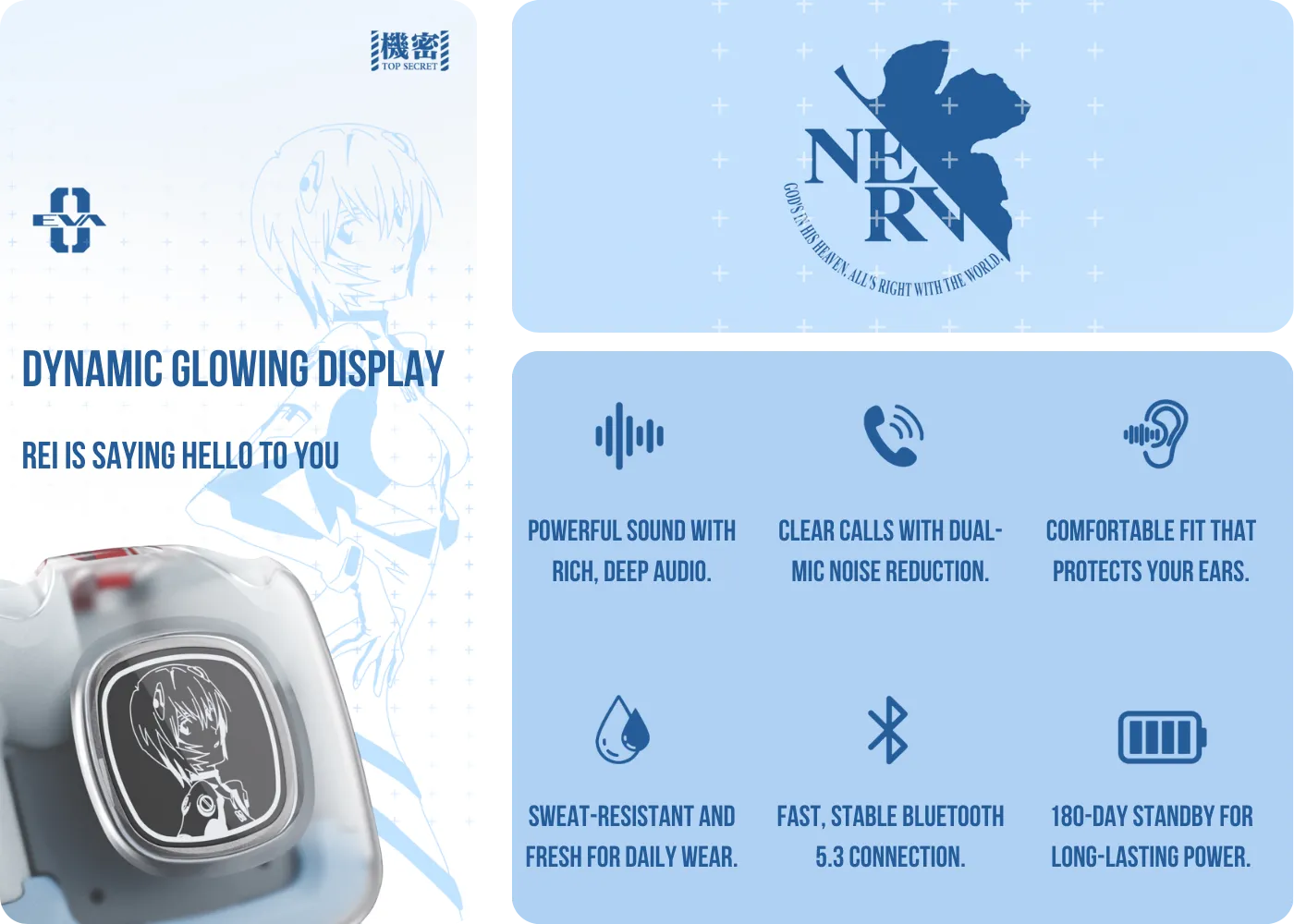 Dynamic glowing display and touch controls on the Rei Ayanami earbuds case