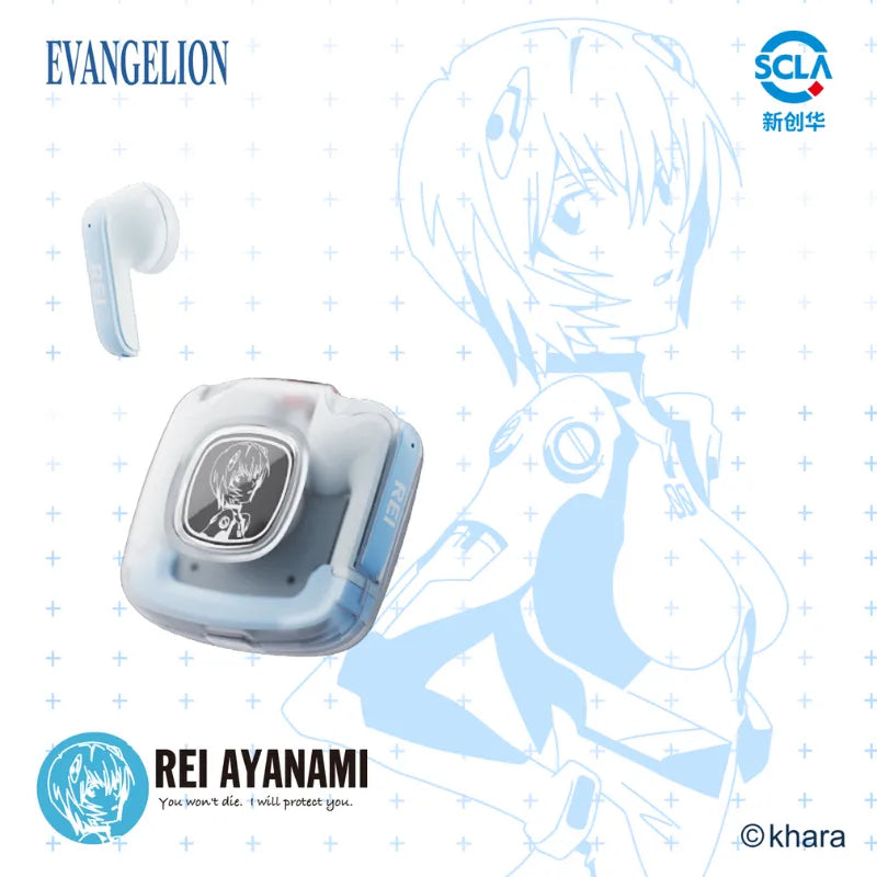 Rei Ayanami character artwork with STUMPE Evangelion wireless earbuds