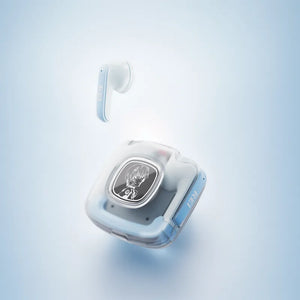 Blue and white Rei Ayanami sports earbuds with glowing charging case