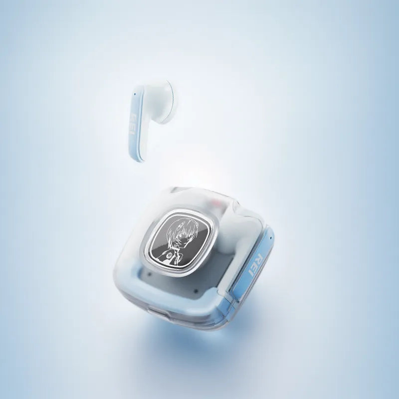 Blue and white Rei Ayanami sports earbuds with glowing charging case