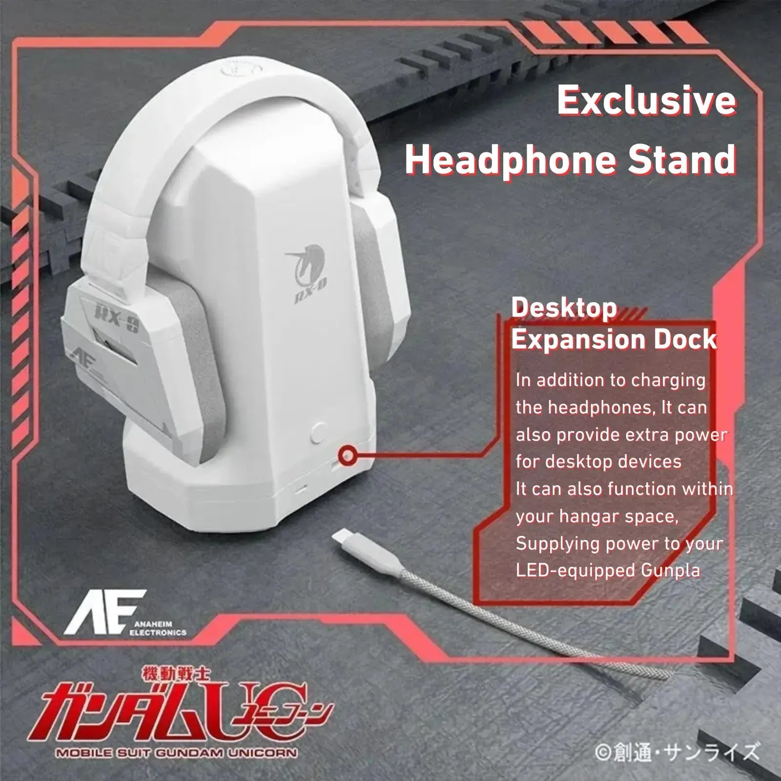Gundam Unicorn RX-0 headset on LED-integrated charging stand