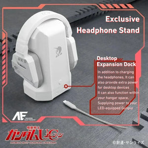 Gundam Unicorn RX-0 headset on LED-integrated charging stand