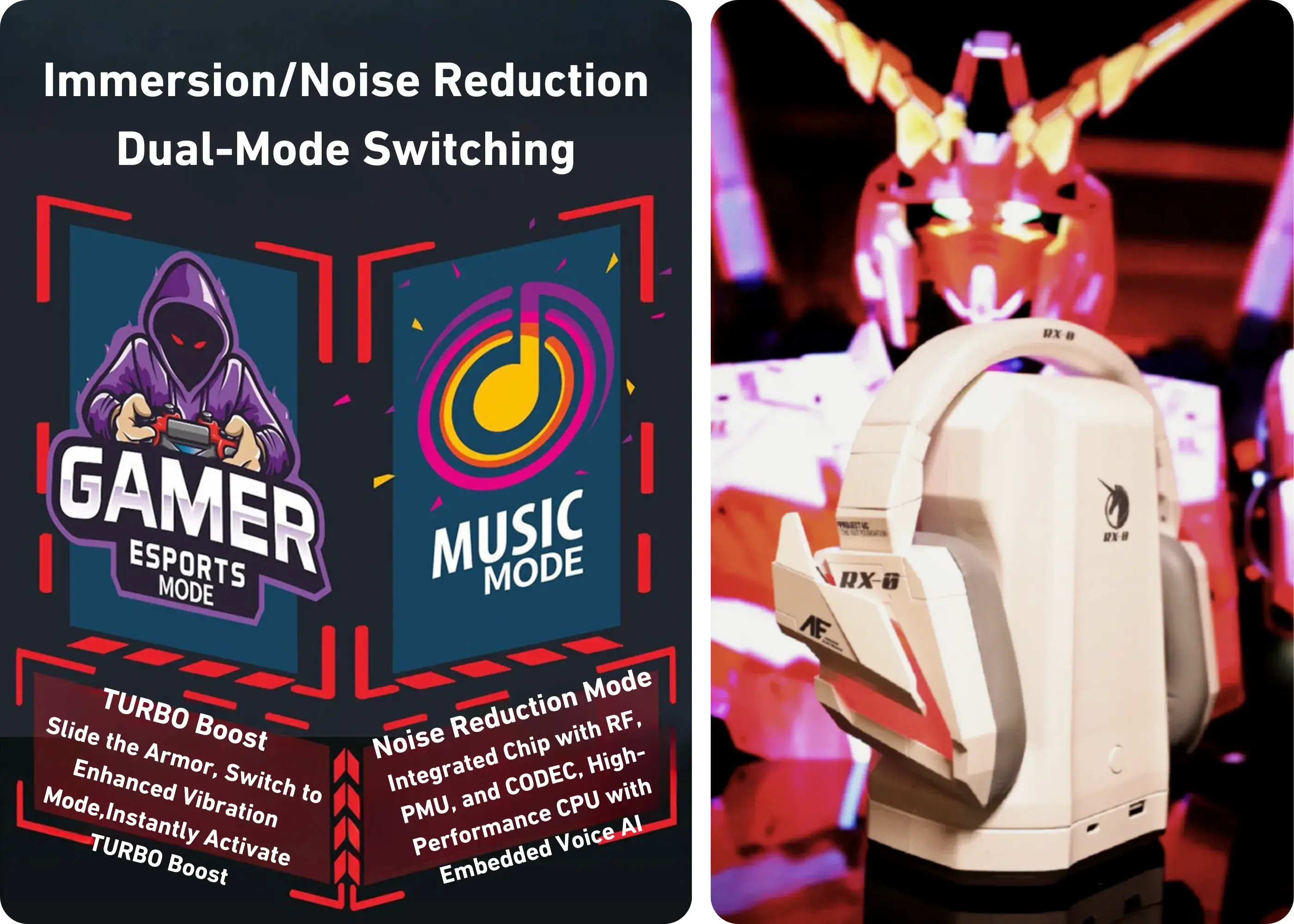 STUMPE x Gundam Unicorn RX-0 Armor Headset with Charging Base — Experience Immersive Gaming and Music with Seamless Noise Control