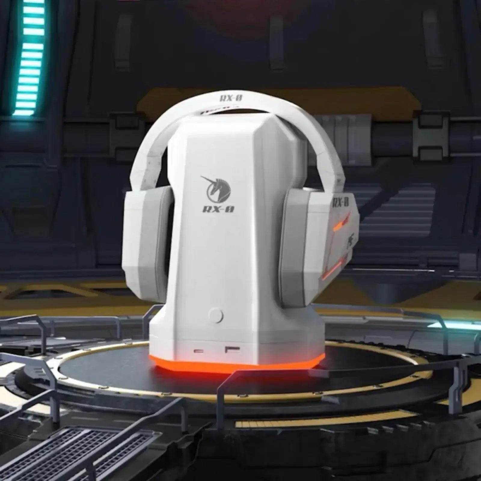 Gundam Unicorn RX-0 headset displayed on illuminated charging base