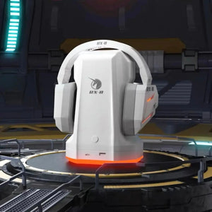 Gundam Unicorn RX-0 headset displayed on illuminated charging base