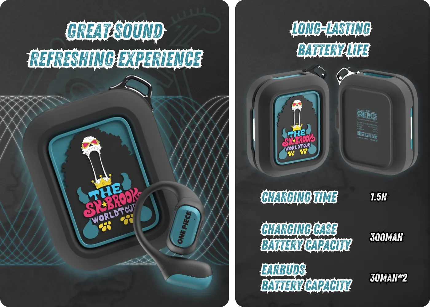 One Piece Brook earphones with long battery life and compact charging case