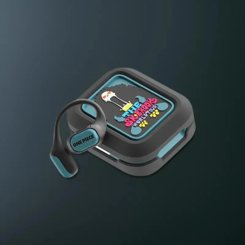 Black and cyan One Piece Brook World Tour open-ear earphones
