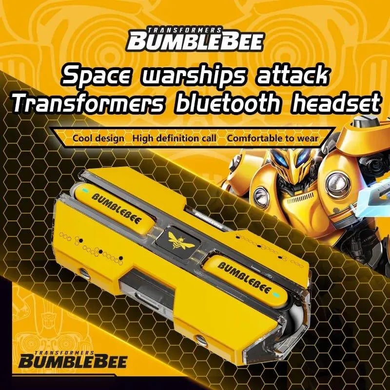 Gelbe kabellose Gaming-Earbuds im Bumblebee-Design mit Ladecase und Transformers-Robotergrafik.